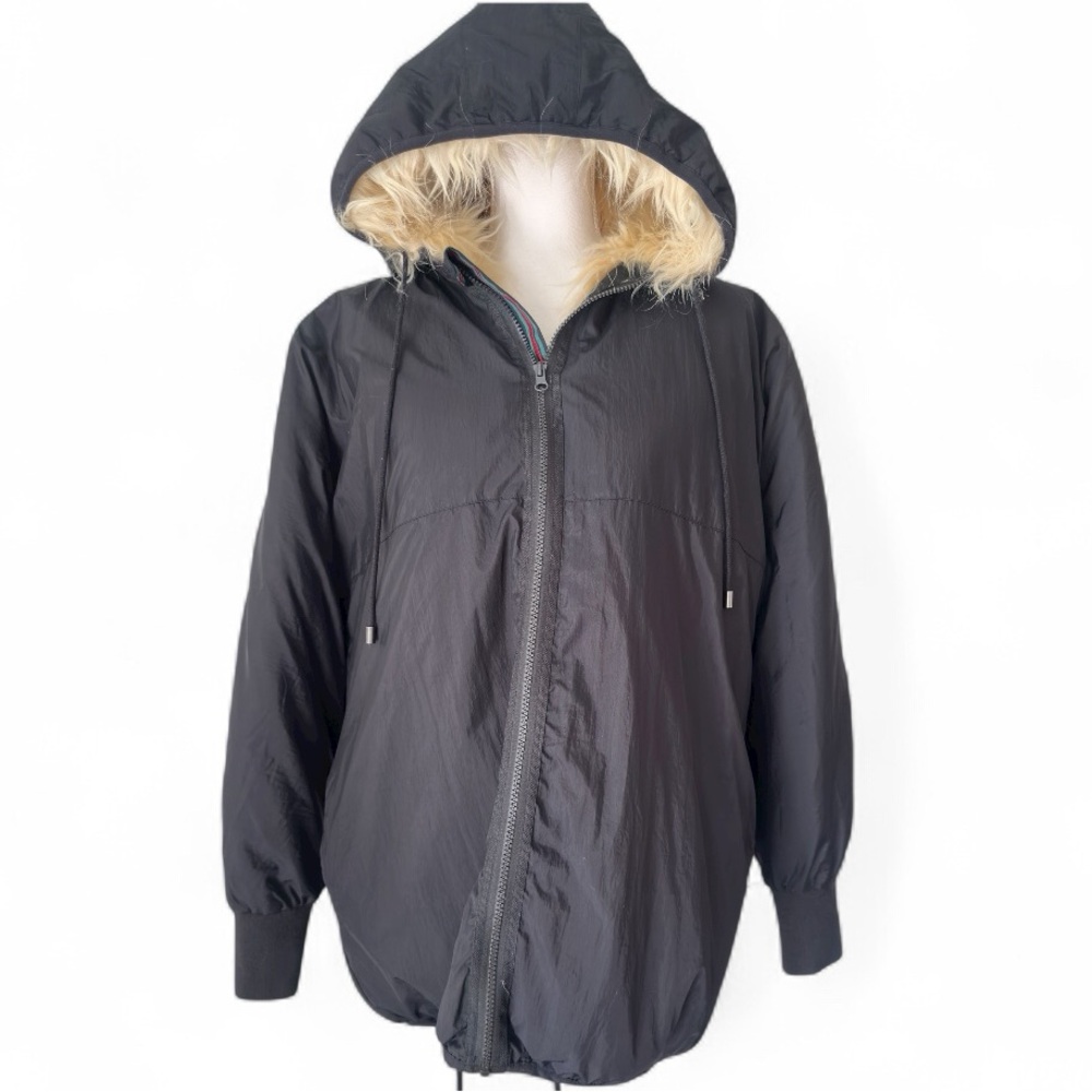 RD Style Anthropologie Black Cream Faux Fur lined  Jacket waterproof L large